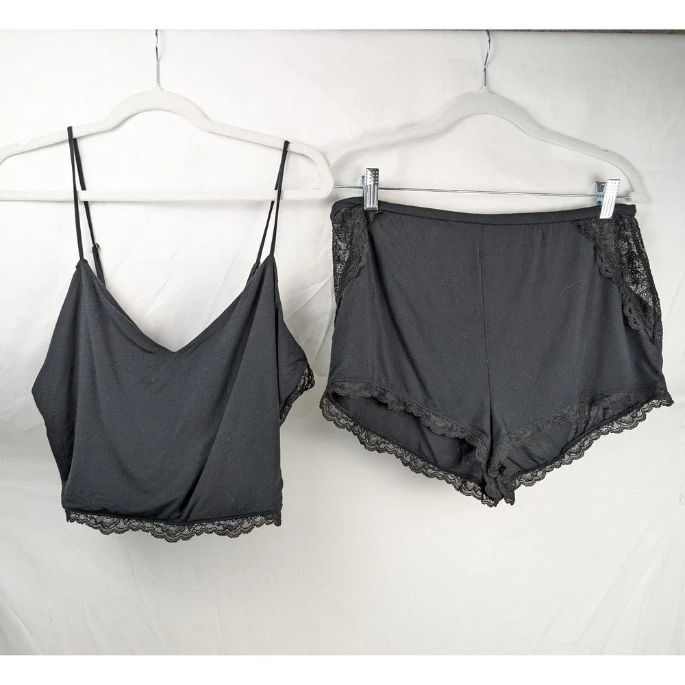 Victorias‎ Secret Sheer Lace Cami Shorts Pajama Set Sz L Black PJs Lingerie Sexy